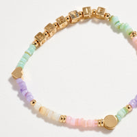 Gold Dipped Beaded “Bestie” Bracelet with Gold Letter Cubes & Heart Accents – Friendship Stretch Bracelet