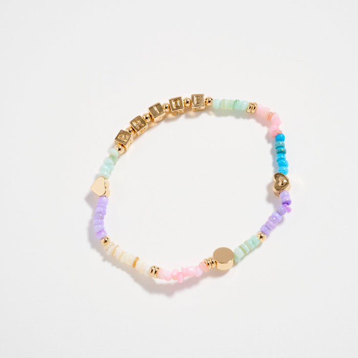 Gold Dipped Beaded “Bride” Bracelet with Gold Letter Cubes & Heart Accents – Wedding Party Stretch Bracelet