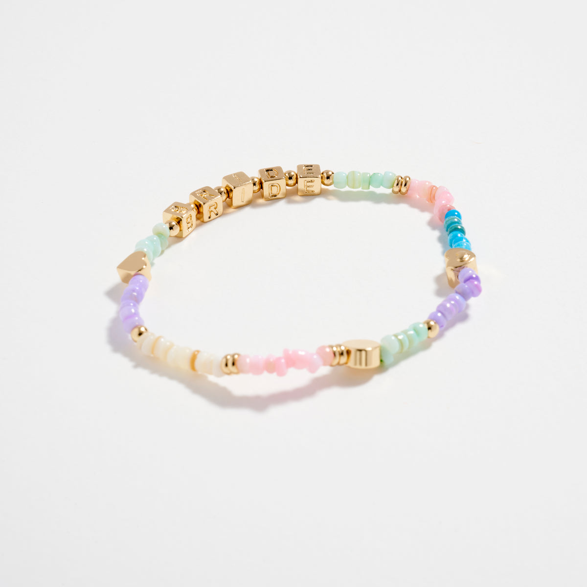 Gold Dipped Beaded “Bride” Bracelet with Gold Letter Cubes & Heart Accents – Wedding Party Stretch Bracelet