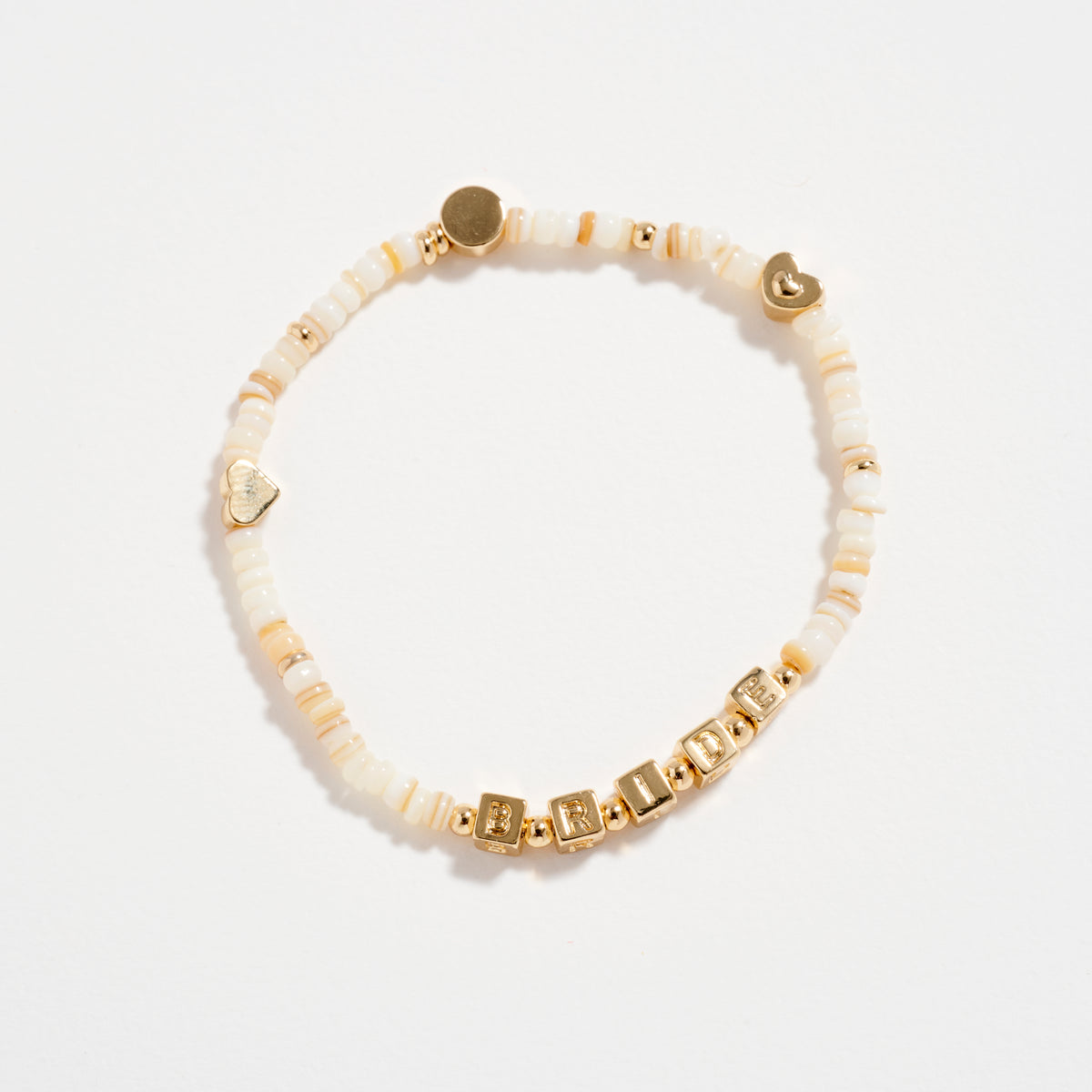 Gold Dipped Beaded “Bride” Bracelet with Gold Letter Cubes & Heart Accents – Wedding Party Stretch Bracelet