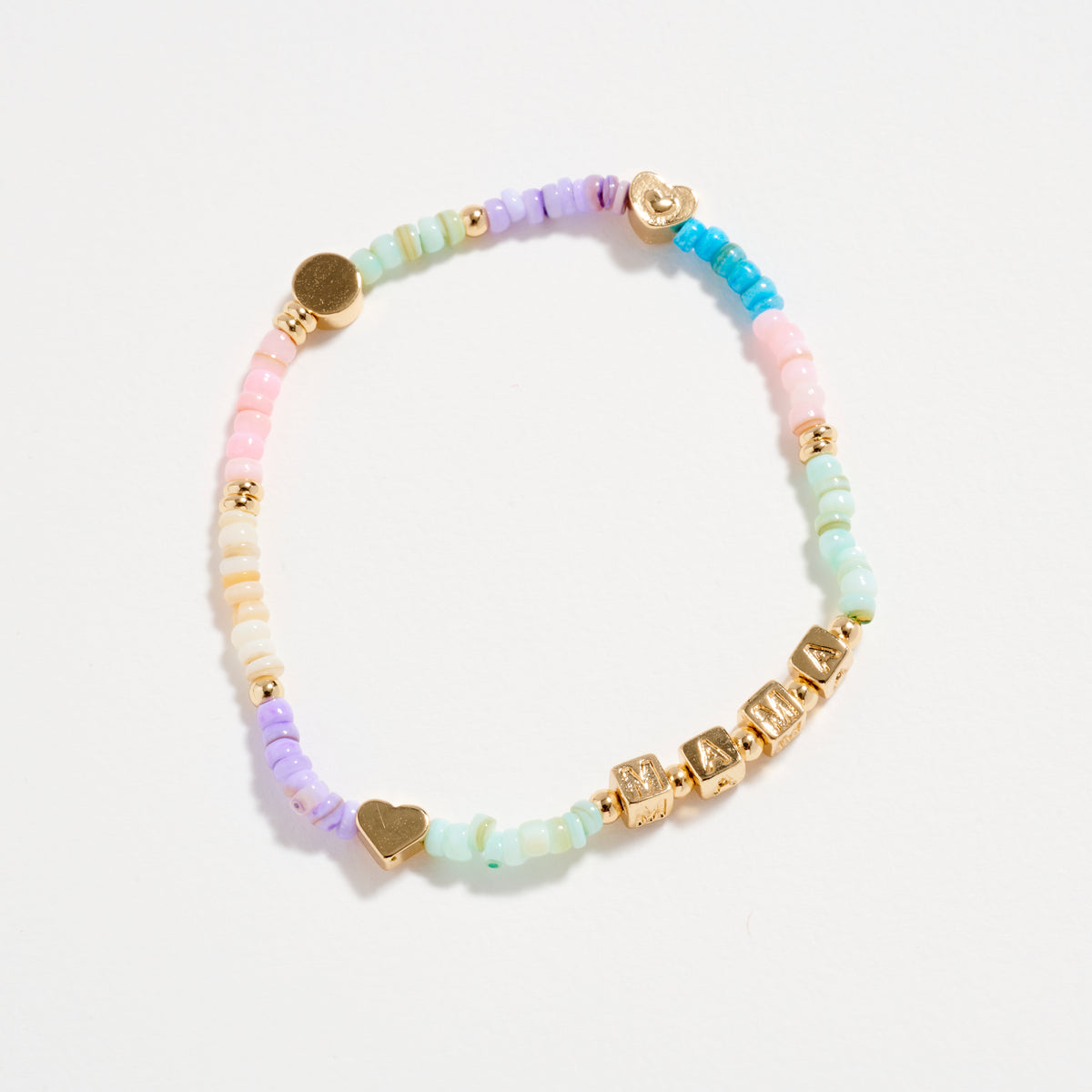 Gold Dipped Beaded “Mama” Bracelet with Gold Letter Cubes & Heart Accents – Mother’s Day Stretch Bracelet