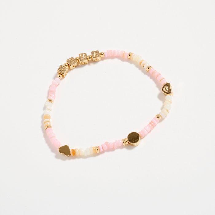 Gold Dipped Beaded “Mama” Bracelet with Gold Letter Cubes & Heart Accents – Mother’s Day Stretch Bracelet