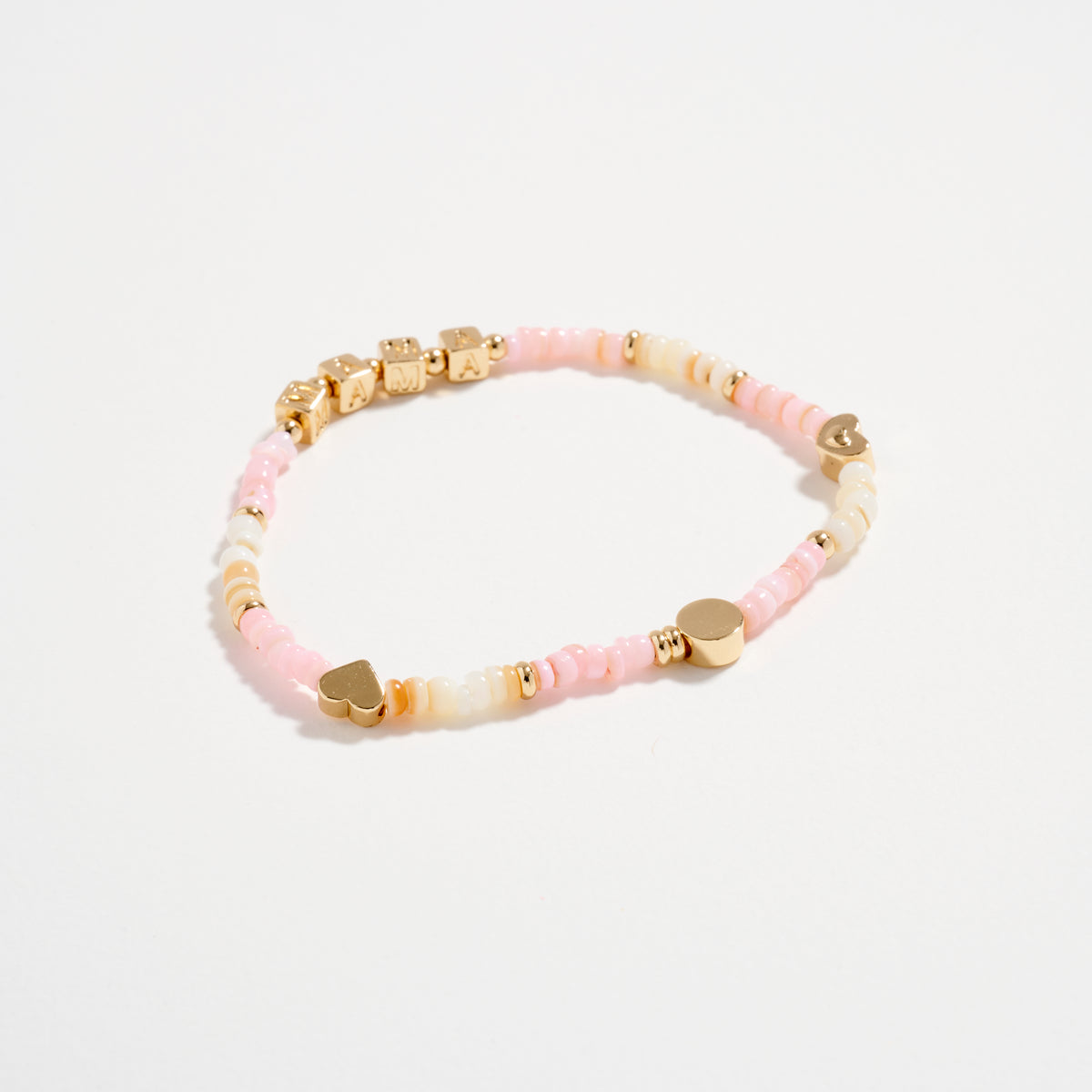 Gold Dipped Beaded “Mama” Bracelet with Gold Letter Cubes & Heart Accents – Mother’s Day Stretch Bracelet