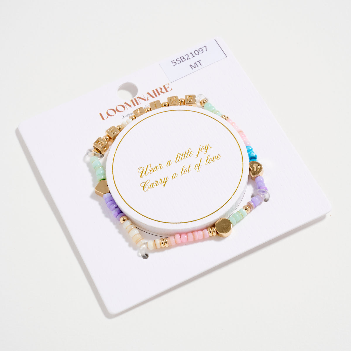 Gold Dipped Beaded “Be Kind” Bracelet with Gold Letter Cubes & Heart Accents – Inspirational Stretch Bracelet