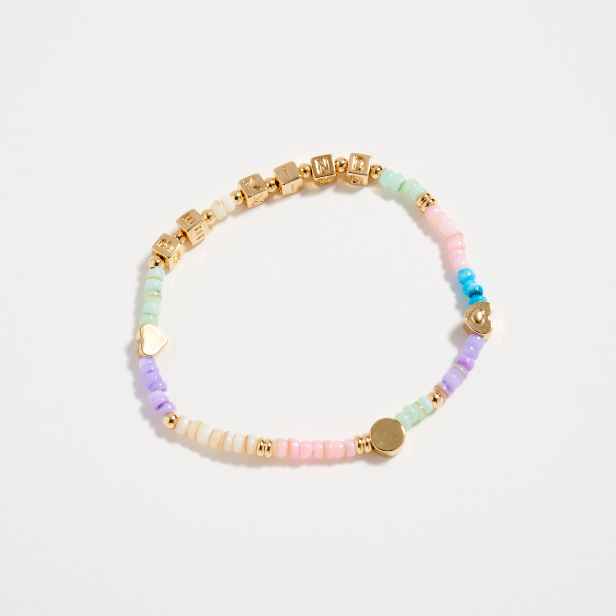 Gold Dipped Beaded “Be Kind” Bracelet with Gold Letter Cubes & Heart Accents – Inspirational Stretch Bracelet