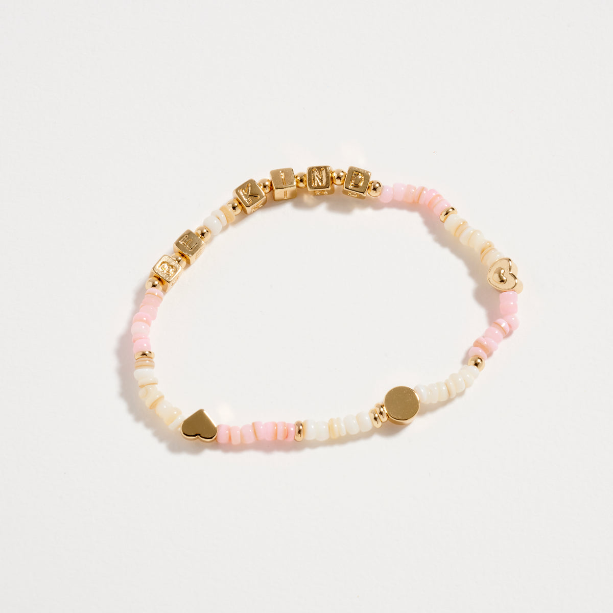 Gold Dipped Beaded “Be Kind” Bracelet with Gold Letter Cubes & Heart Accents – Inspirational Stretch Bracelet