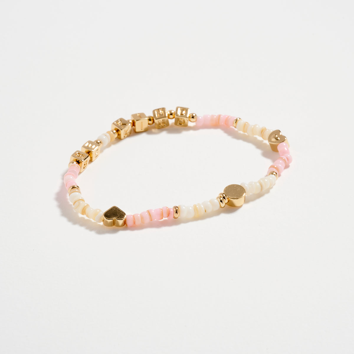 Gold Dipped Beaded “Be Kind” Bracelet with Gold Letter Cubes & Heart Accents – Inspirational Stretch Bracelet