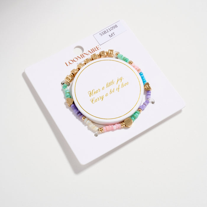 Beaded “Blessed” Bracelet with Gold Letter Cubes & Heart Accents – Inspirational Stretch Bracelet