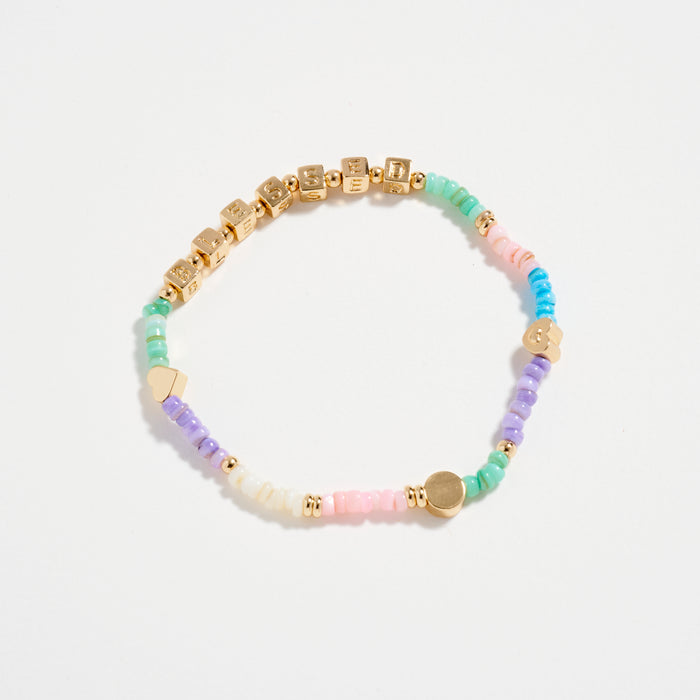 Gold Dipped Beaded “Blessed” Bracelet with Gold Letter Cubes & Heart Accents – Inspirational Stretch Bracelet