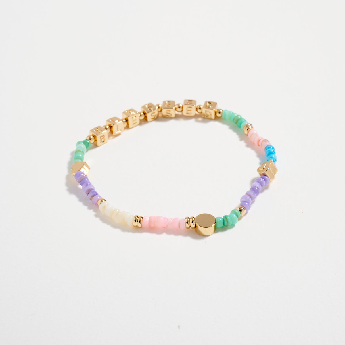 Gold Dipped Beaded “Blessed” Bracelet with Gold Letter Cubes & Heart Accents – Inspirational Stretch Bracelet
