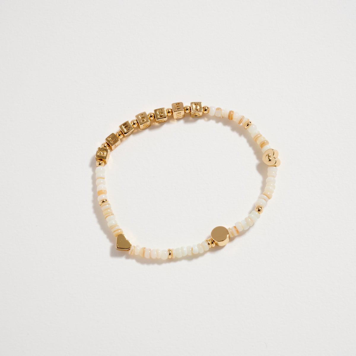 Gold Dipped Beaded “Blessed” Bracelet with Gold Letter Cubes & Heart Accents – Inspirational Stretch Bracelet