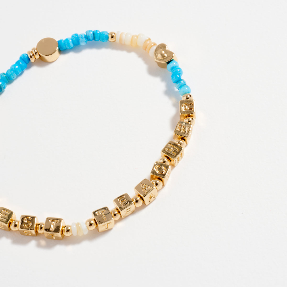 Gold Dipped Beaded “Best Teacher” Bracelet with Gold Letter Cubes & Heart Accents – Appreciation Stretch Bracelet
