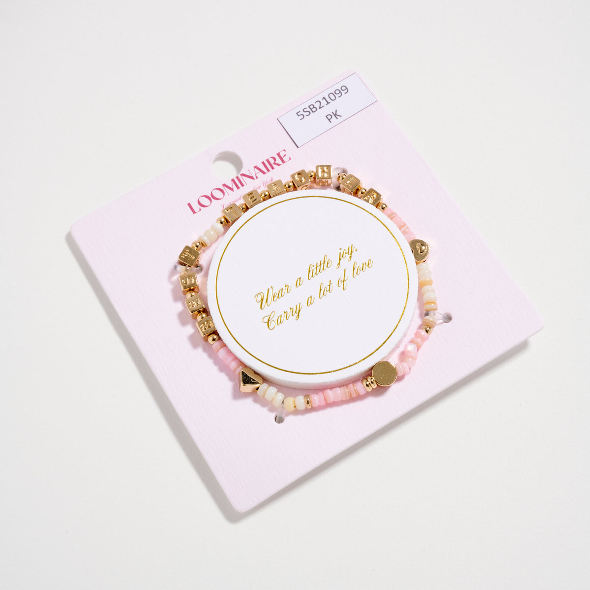 Gold Dipped Beaded “Best Teacher” Bracelet with Gold Letter Cubes & Heart Accents – Appreciation Stretch Bracelet