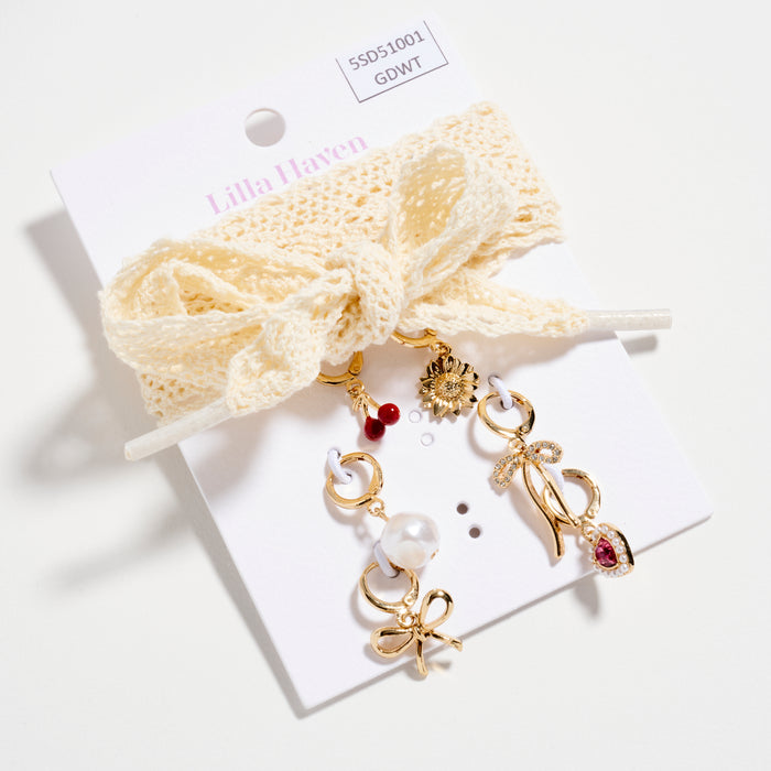 Lace Shoelace Charm Set – Gold-Tone Bow, Heart, and Pearl Accents