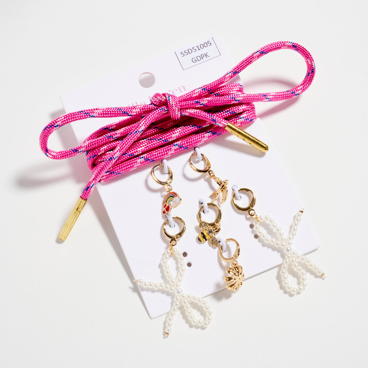 Colorful Shoelace Charm Set – Rainbow, Pearl Bow & Bee Accents with Pink Lace