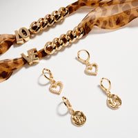 Gold Chain Shoe Charms and Earring Set with Heart & Coin Pendants – Leopard Ribbon Detail