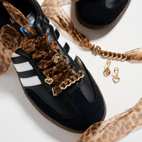 Gold Chain Shoe Charms and Earring Set with Heart & Coin Pendants – Leopard Ribbon Detail