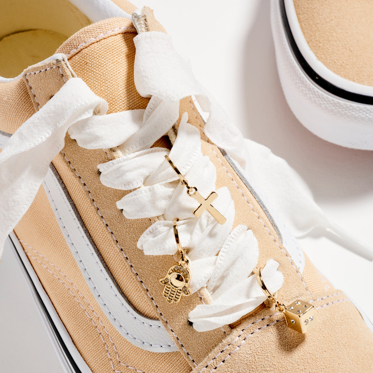 Gold Shoe Charm Set with Symbolic Pendants – Lucky Icons & White Ribbon Laces