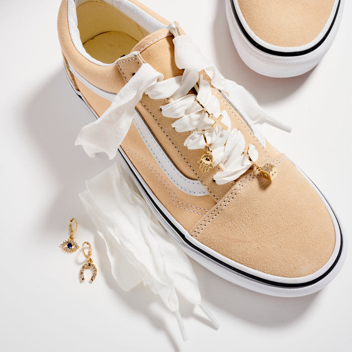Gold Shoe Charm Set with Symbolic Pendants – Lucky Icons & White Ribbon Laces