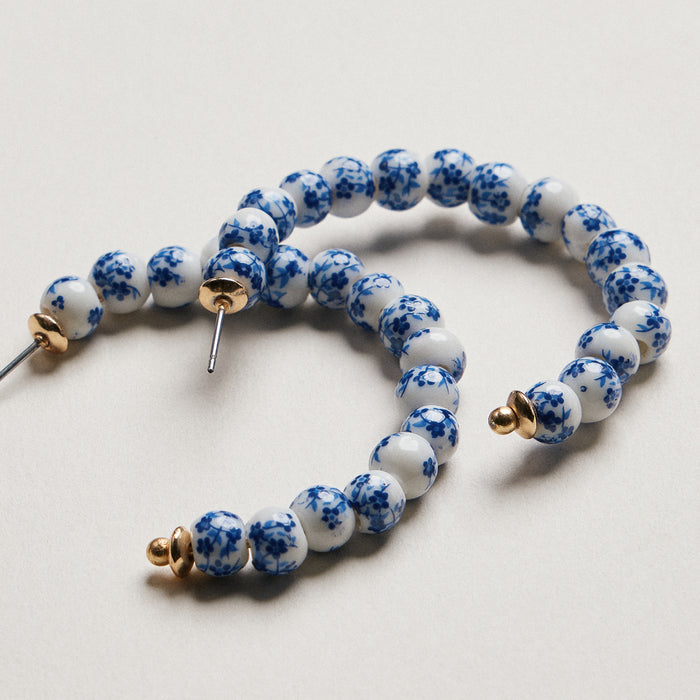 Blue Porcelain Beaded Hoop Earrings | Floral Ceramic Pattern Gold Tone Statement Hoops