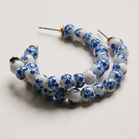 Blue Porcelain Beaded Hoop Earrings | Floral Ceramic Pattern Hoops