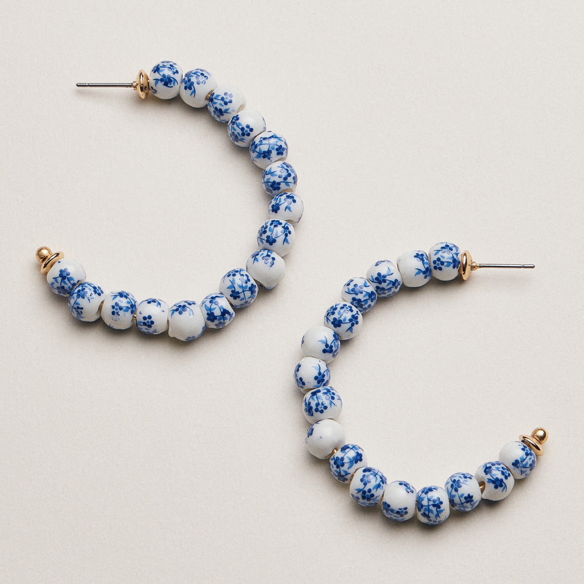 Blue Porcelain Beaded Hoop Earrings | Floral Ceramic Pattern Hoops
