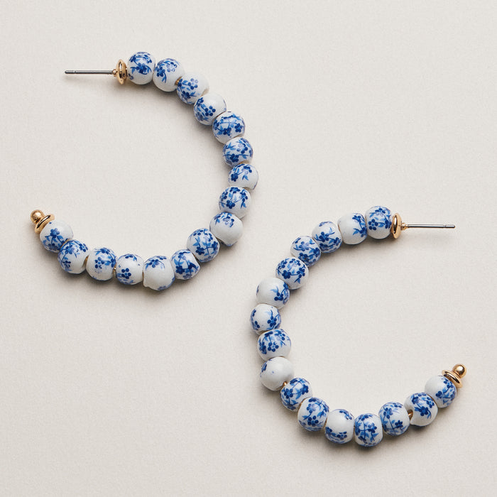 Blue Porcelain Beaded Hoop Earrings | Floral Ceramic Pattern Gold Tone Statement Hoops