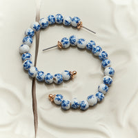 Blue Porcelain Beaded Hoop Earrings | Floral Ceramic Pattern Hoops