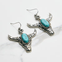 Turquoise Stone Bull Skull Hook Earrings