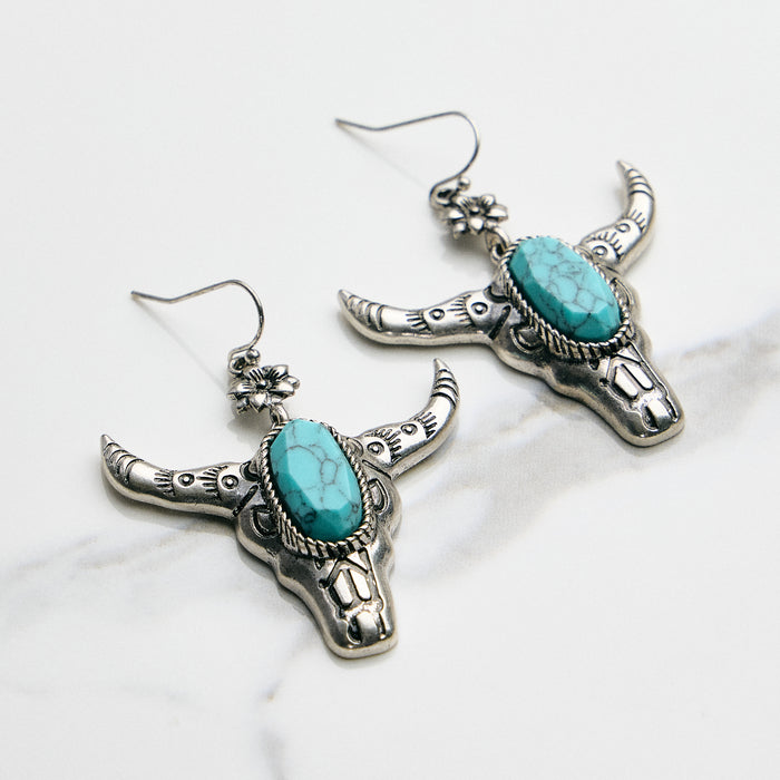Turquoise Stone Bull Skull Hook Earrings
