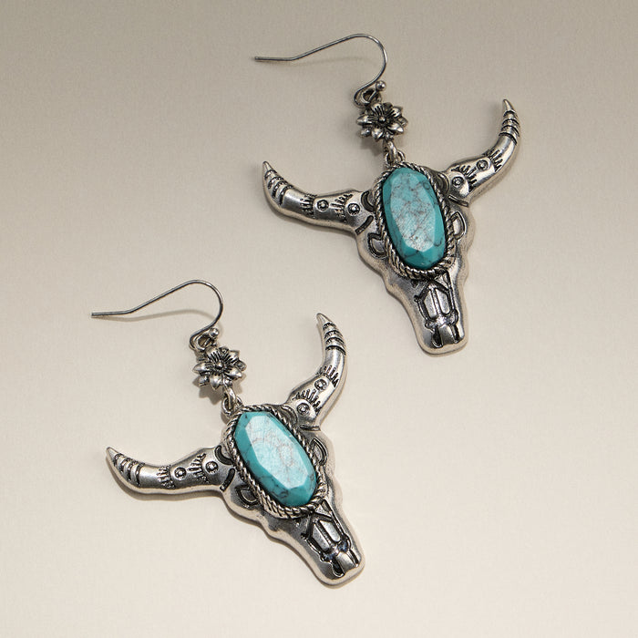 Turquoise Stone Bull Skull Hook Earrings