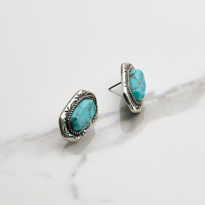 Oval Turquoise Studs with Silver Tone Frame