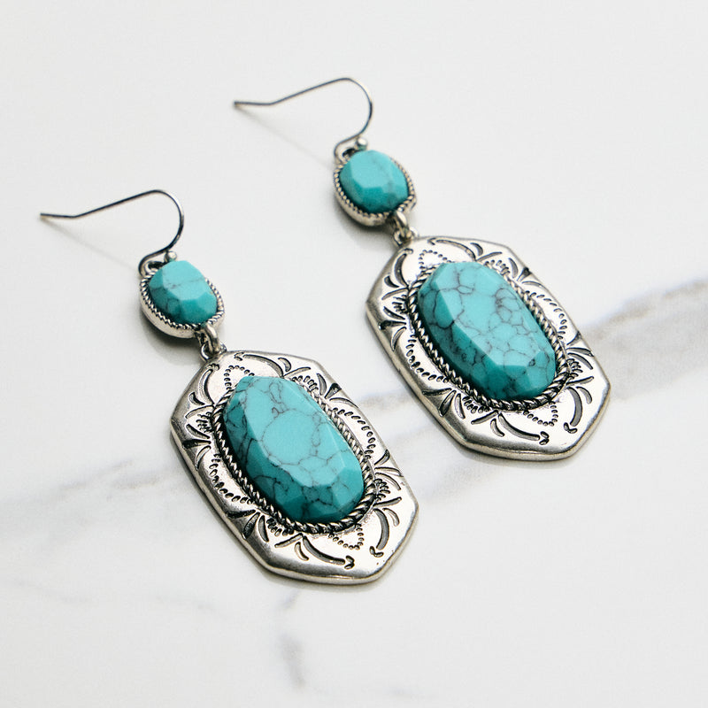 Turquoise Drop Earrings with Etched Frame