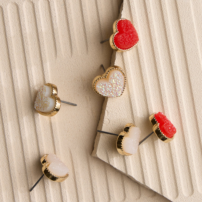 Druzy Heart Stud Earrings in Gold Trim