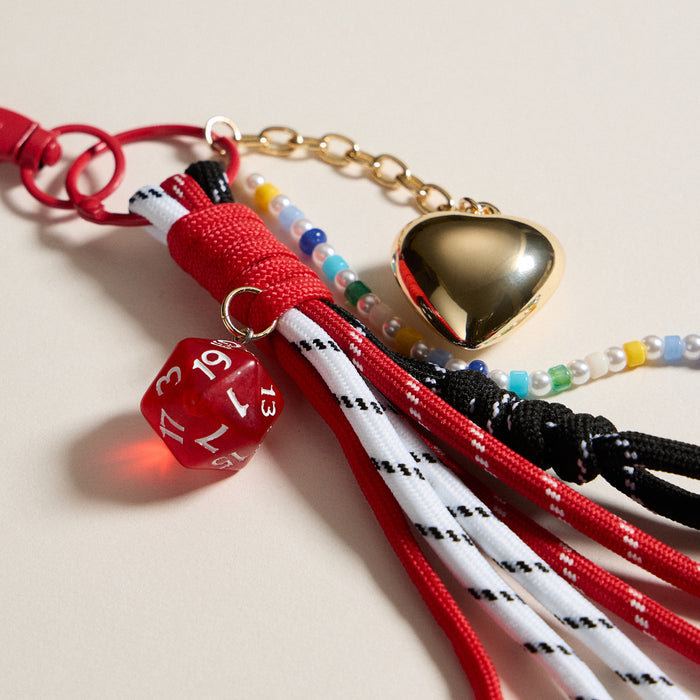 Red Rope Keychain with D20 and Heart Charms