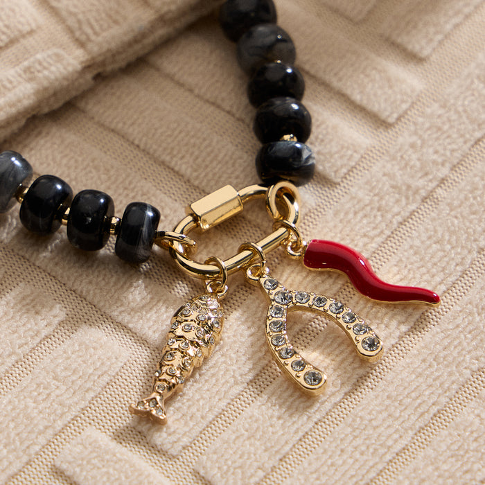 Textured Glass Bead Necklace with Charm Trio