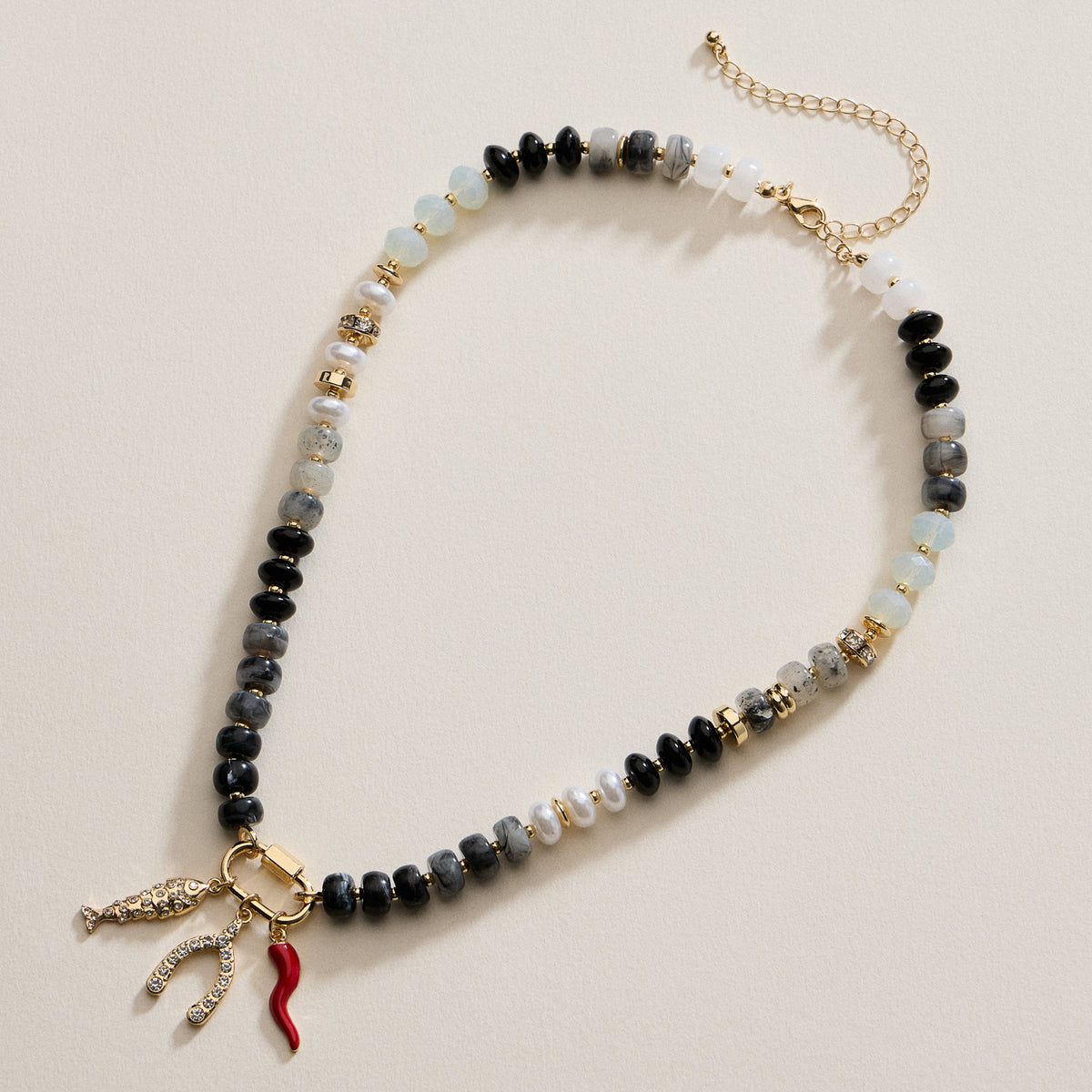 Textured Glass Bead Necklace with Charm Trio