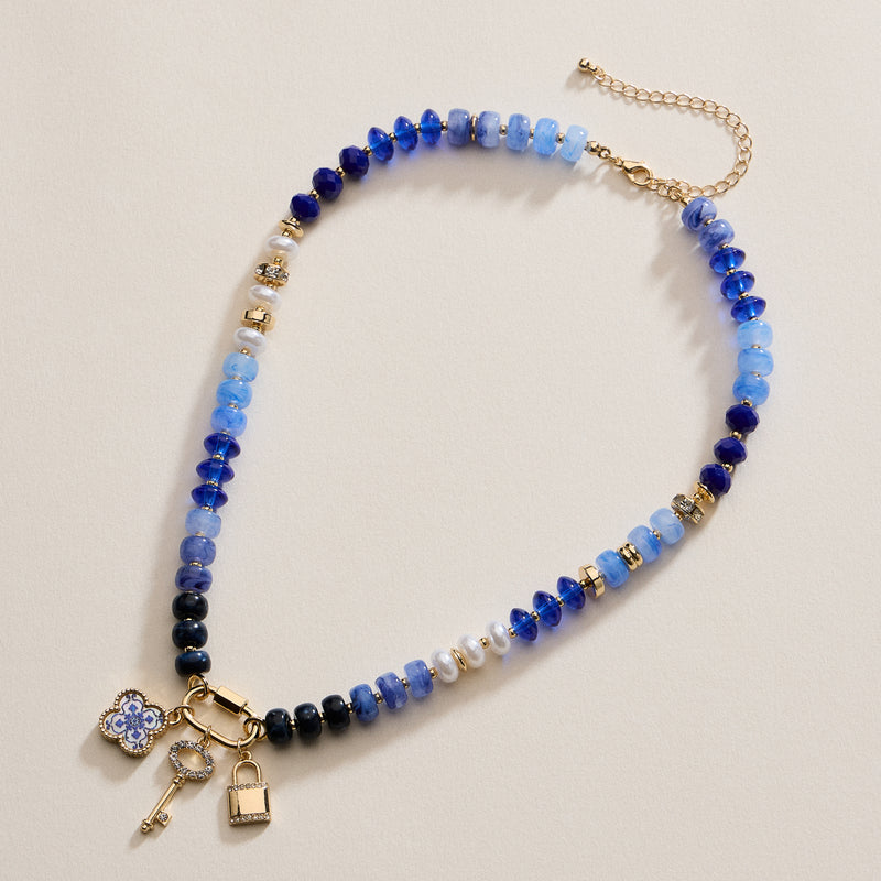 Textured Glass Bead Necklace with Charm Trio