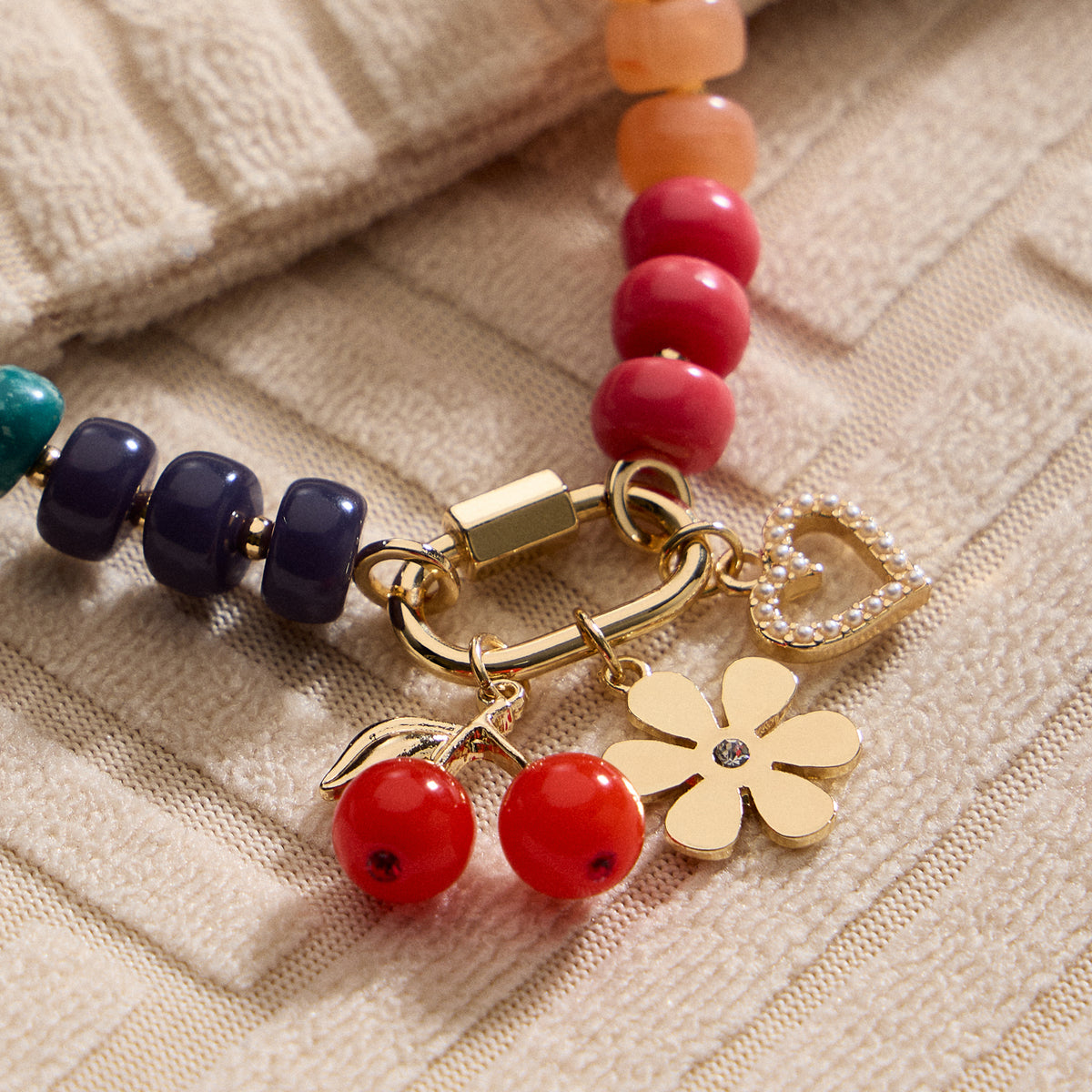 Textured Glass Bead Necklace with Charm Trio