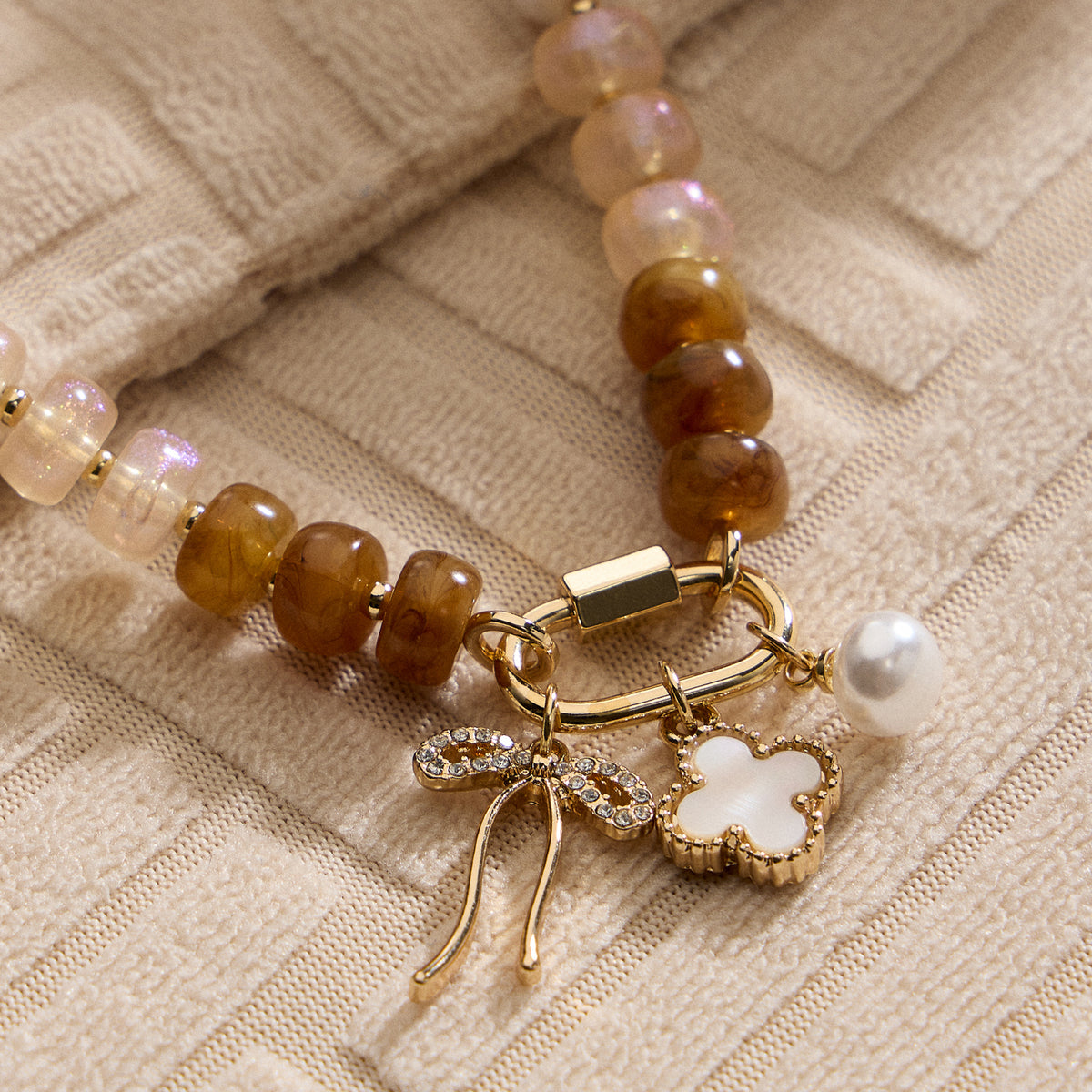 Textured Glass Bead Necklace with Charm Trio
