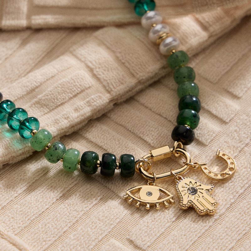 Textured Glass Bead Necklace with Charm Trio