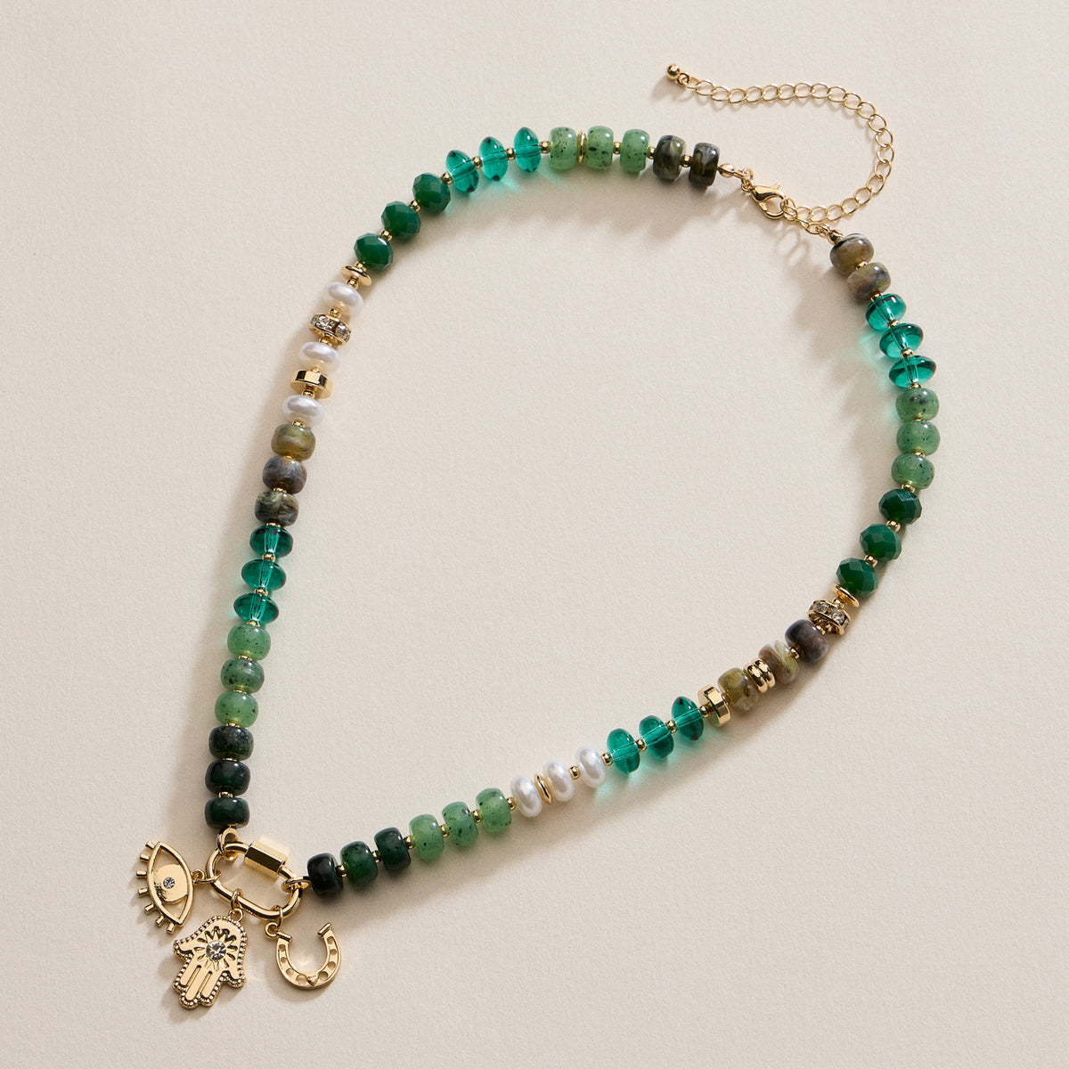 Textured Glass Bead Necklace with Charm Trio