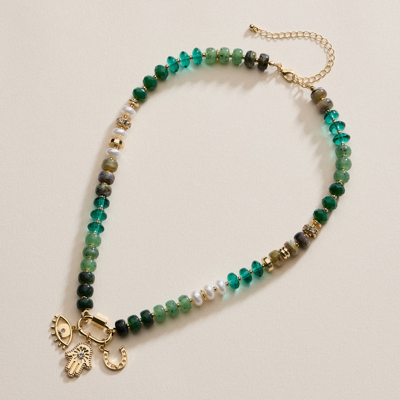 Textured Glass Bead Necklace with Charm Trio