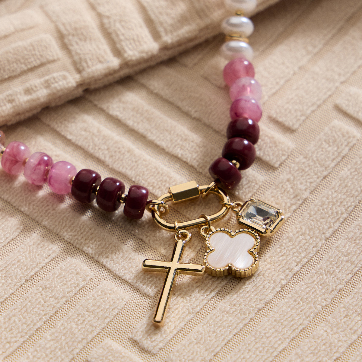 Textured Glass Bead Necklace with Charm Trio