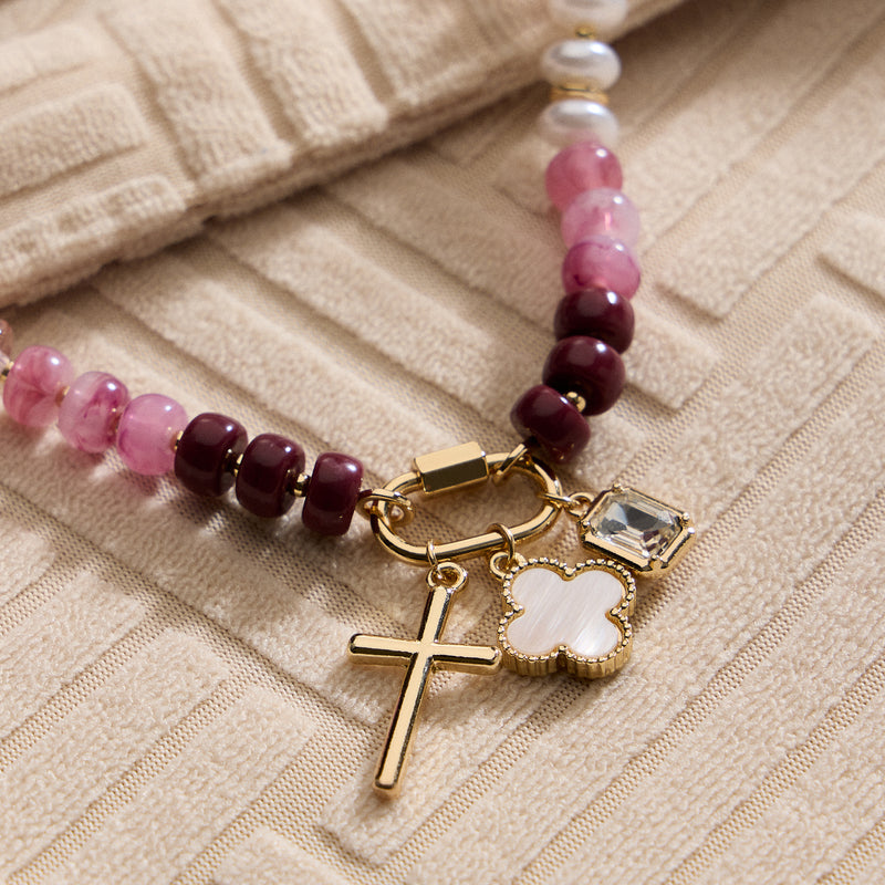 Textured Glass Bead Necklace with Charm Trio