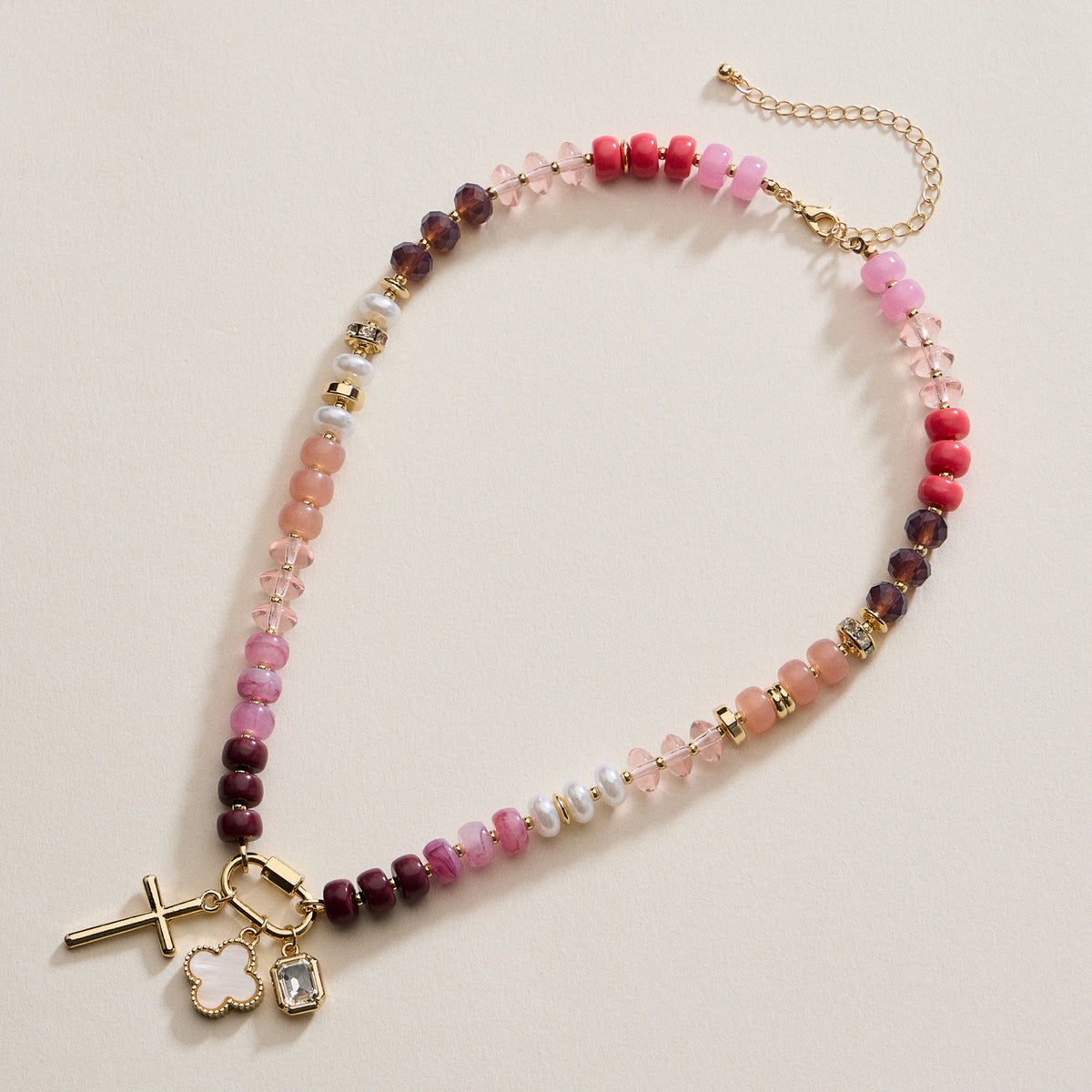 Textured Glass Bead Necklace with Charm Trio