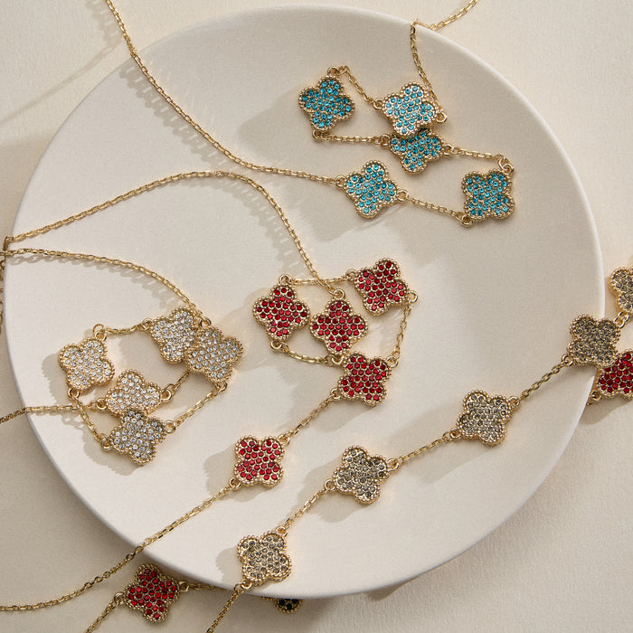 Gold Chain Necklace with Crystal Clover Charms