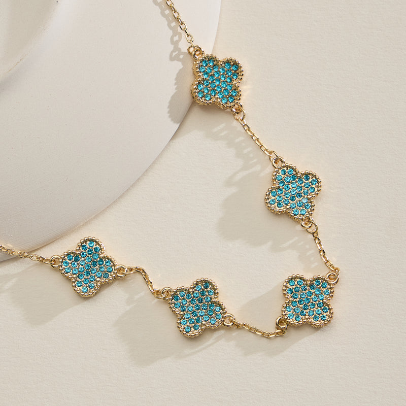 Gold Chain Necklace with Crystal Clover Charms