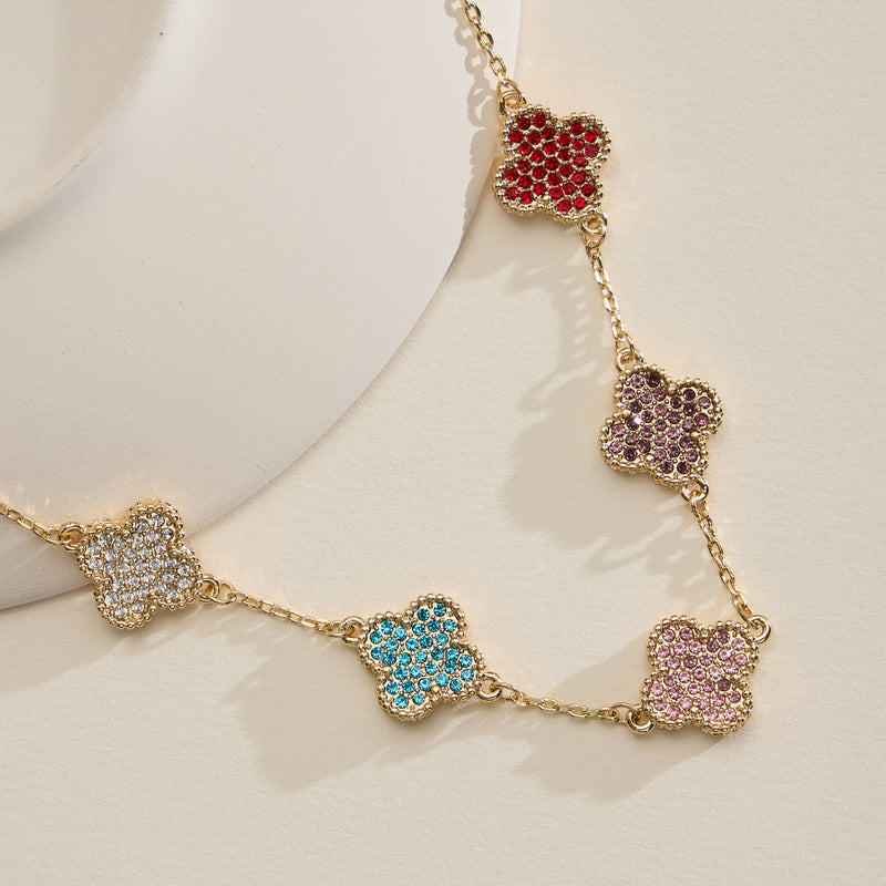 Gold Chain Necklace with Crystal Clover Charms