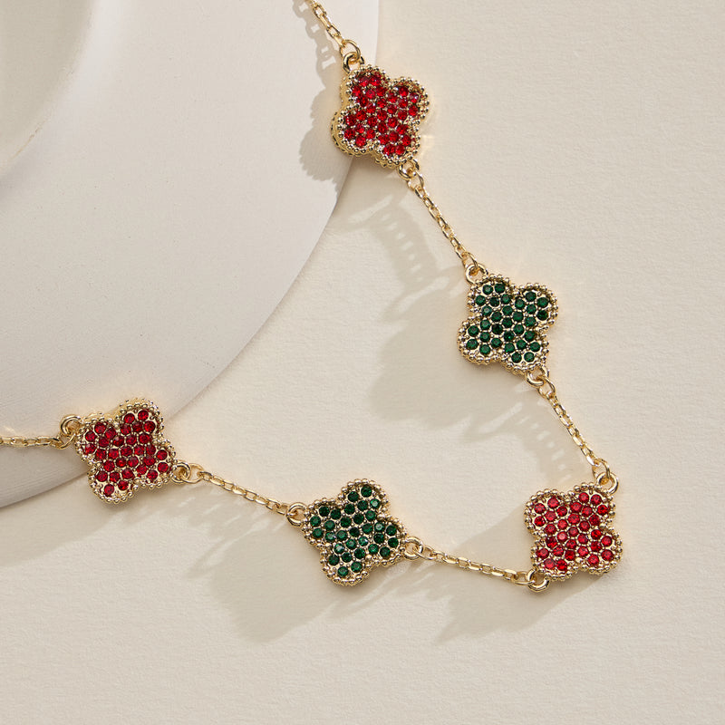 Gold Chain Necklace with Crystal Clover Charms